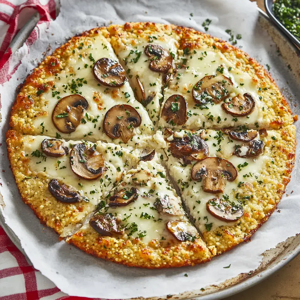 A freshly baked pizza topped with melted cheese, sliced mushrooms, and herbs, cut into eight triangular slices.