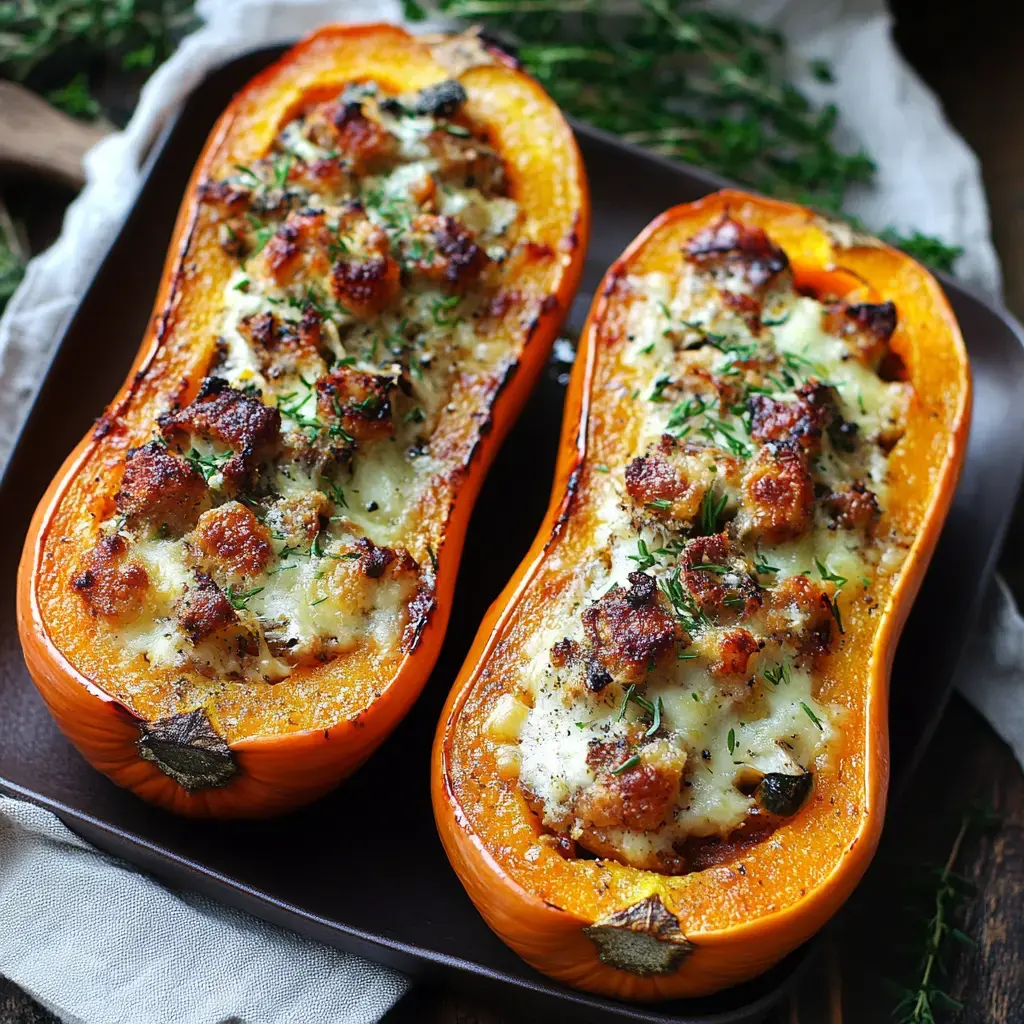 Two halved and roasted butternut squashes are filled with a golden-brown stuffing and garnished with fresh herbs, presented on a dark plate.