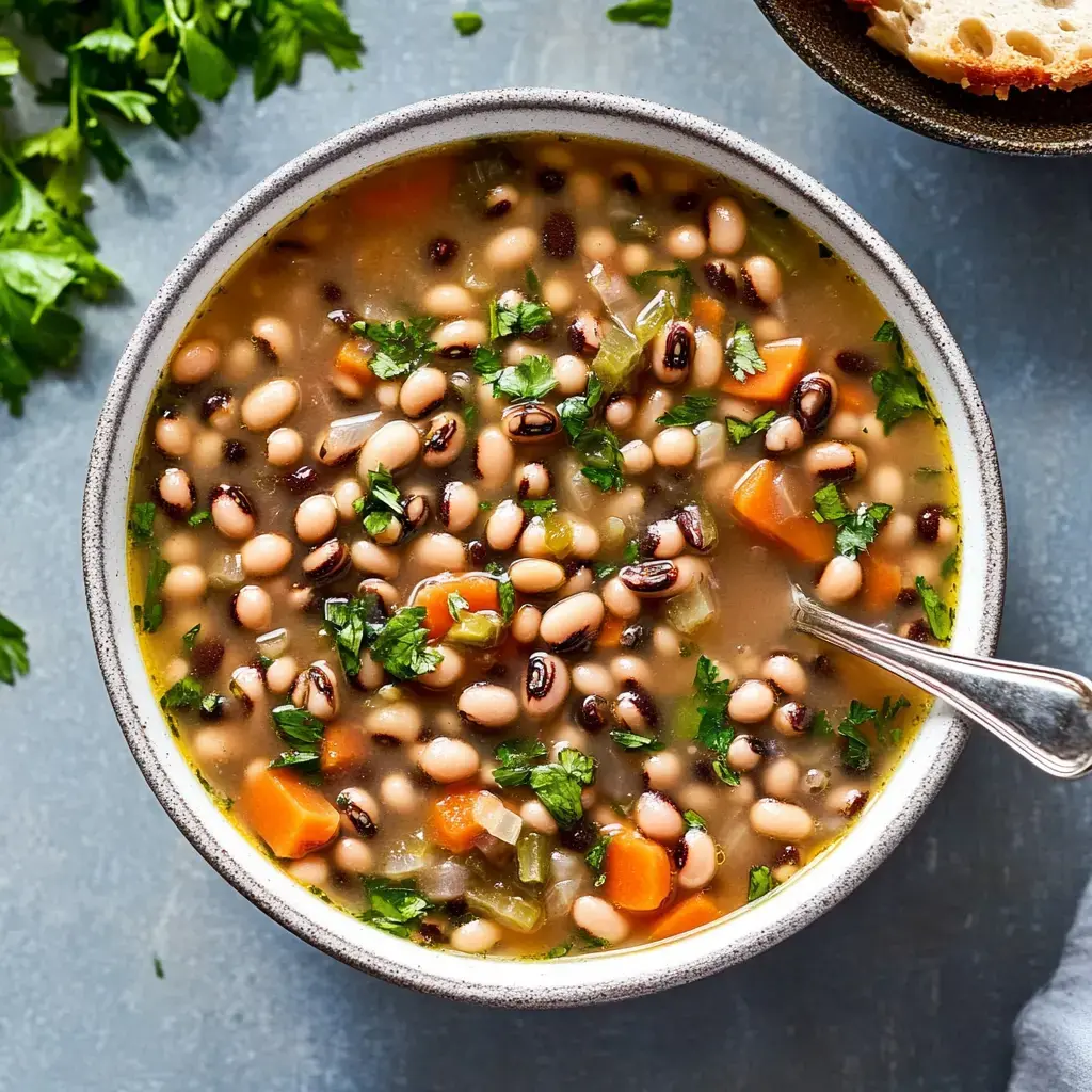 A bowl of hearty black-eyed pea soup garnished with fresh cilantro and diced vegetables, accompanied by a small dish of bread.