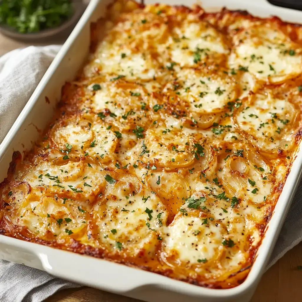 A golden, baked dish with layers of sliced potatoes, melted cheese, and sprinkled parsley in a white casserole dish.