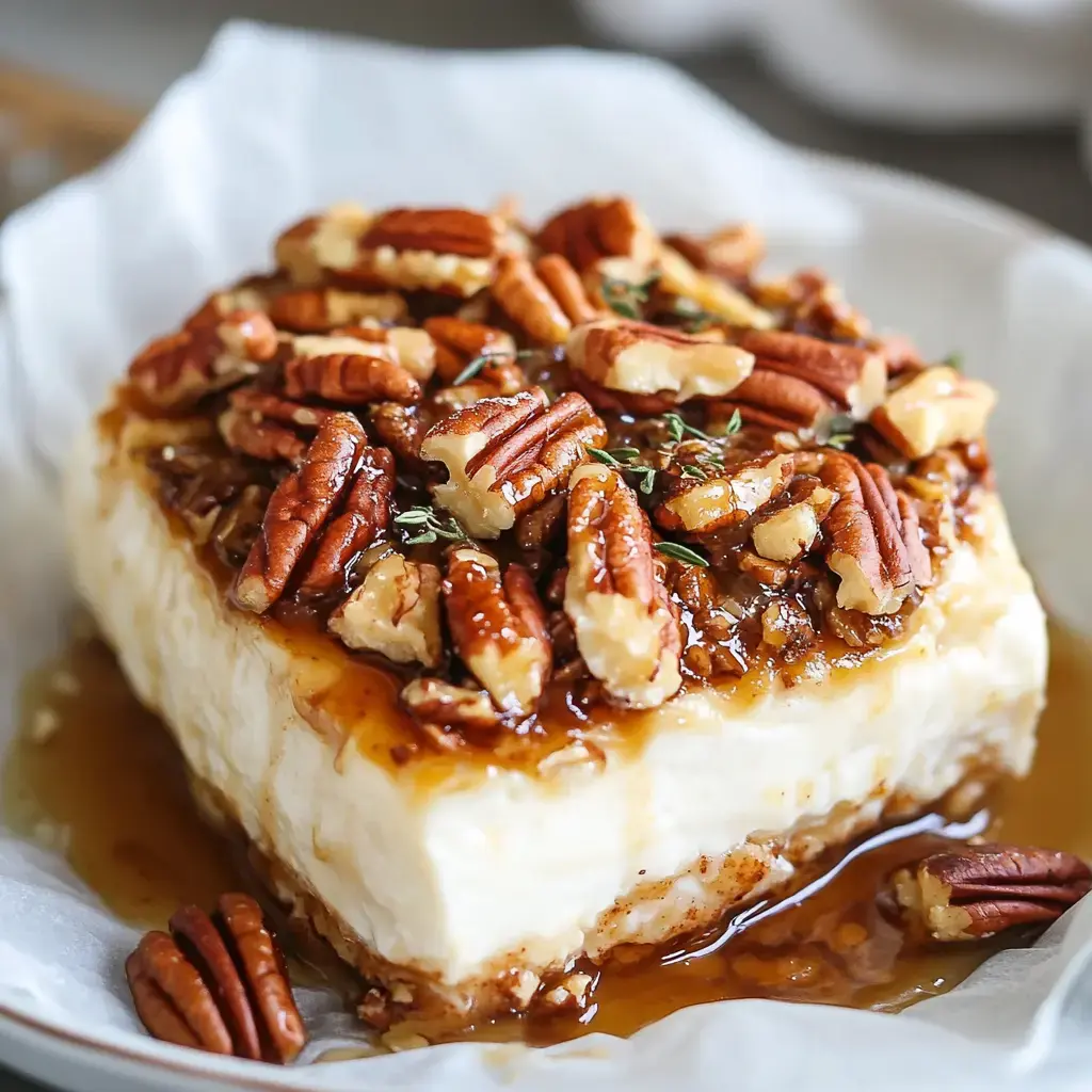 A square dessert topped with pecans and a glossy caramel sauce on a plate.