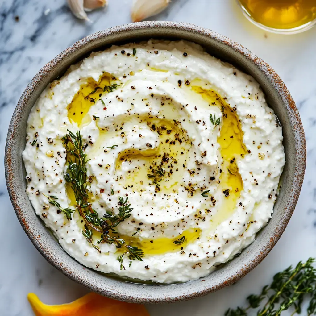 A bowl of creamy white dip drizzled with olive oil, sprinkled with black pepper and fresh thyme, surrounded by garlic cloves and a glass of olive oil.