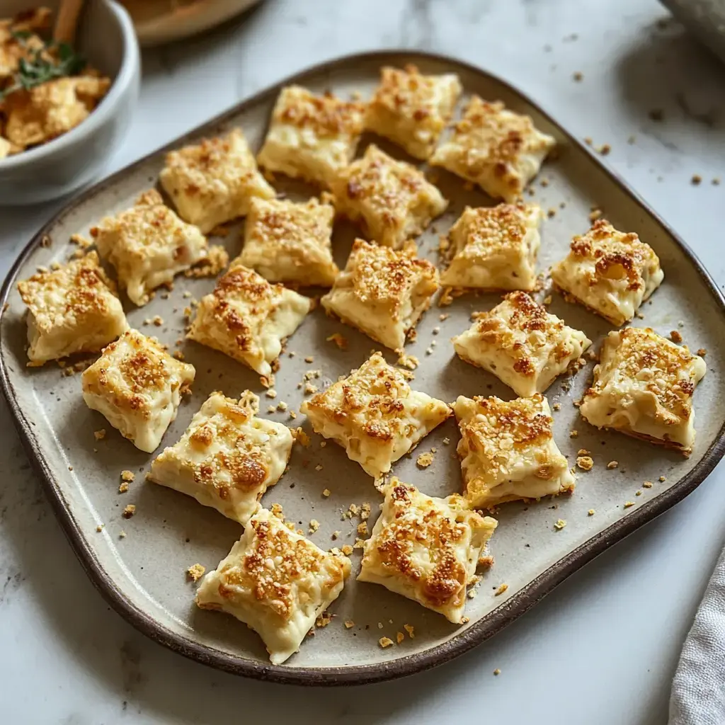 A platter of golden, baked pastry squares topped with crispy crumbs.