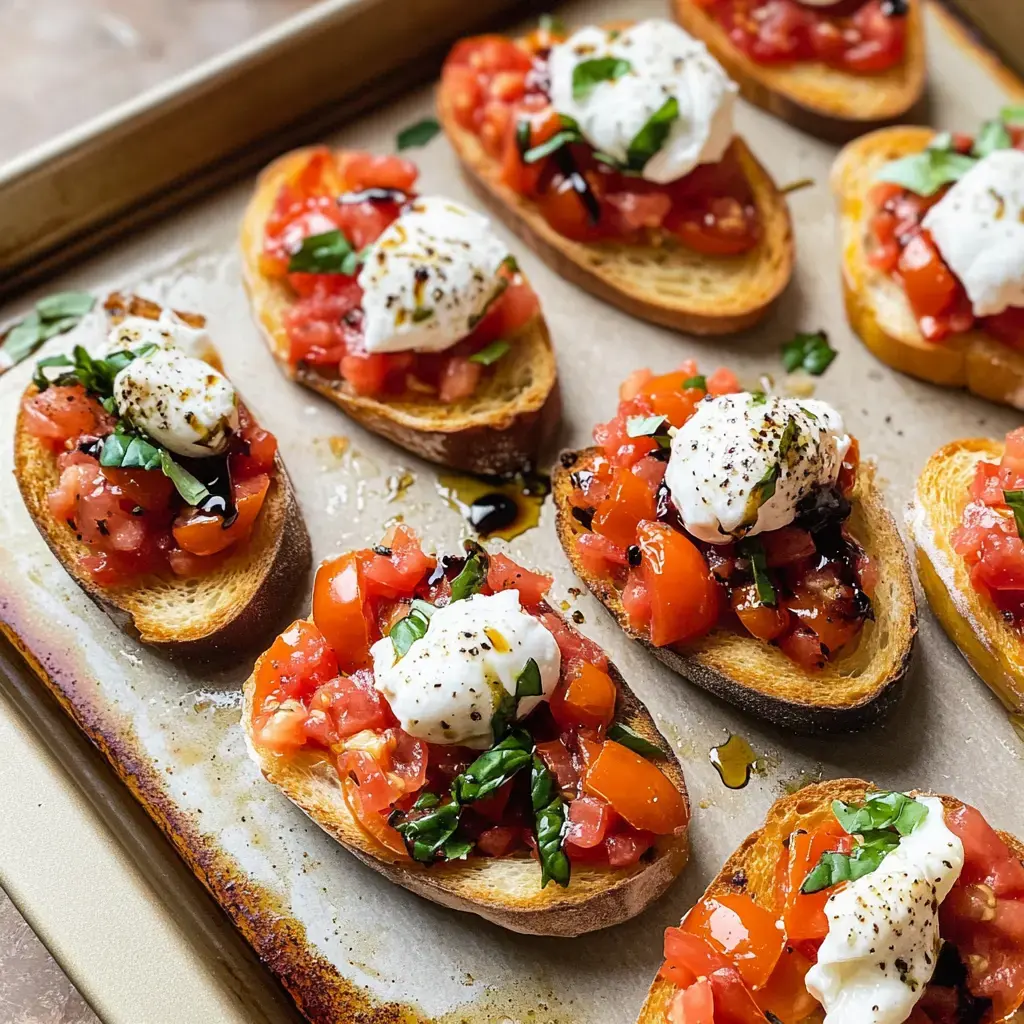 A tray of toasted bread topped with fresh diced tomatoes, basil, and dollops of creamy burrata cheese.