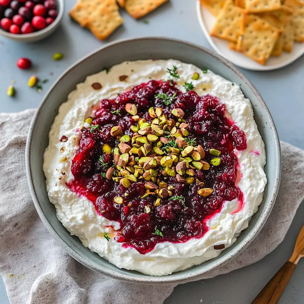 A bowl of creamy yogurt or cheese topped with cranberry sauce and chopped pistachios, surrounded by crackers and a bowl of fresh cranberries.