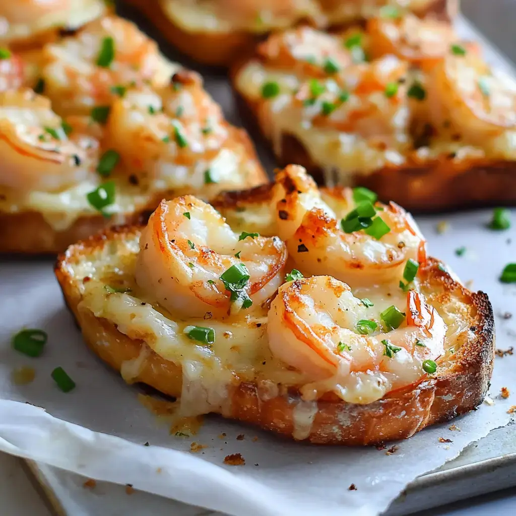 Shrimp-topped toasted bread slices are garnished with chopped green onions.