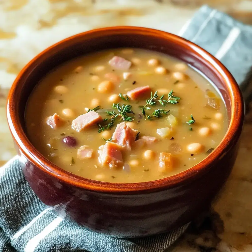 A close-up of a brown bowl filled with hearty bean soup, topped with pieces of ham and garnished with fresh thyme, resting on a striped napkin.