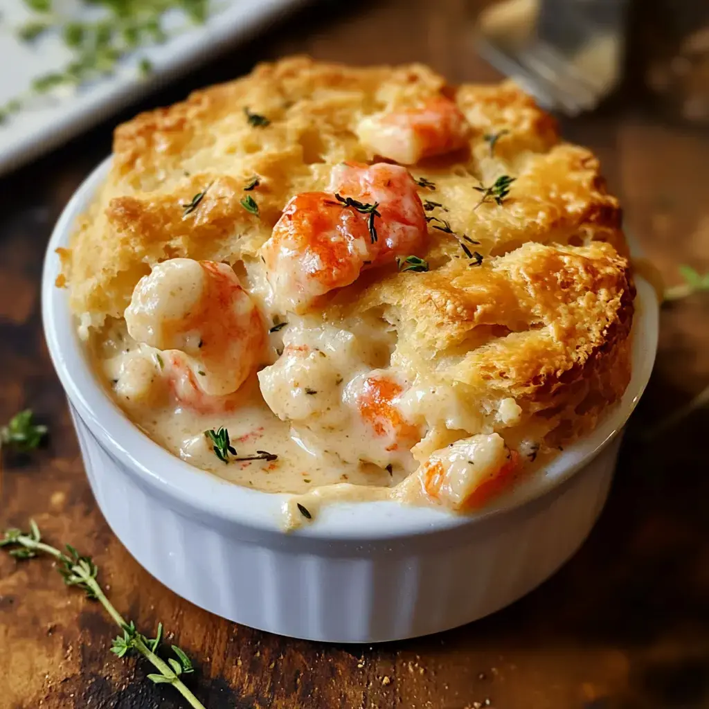 A creamy seafood casserole topped with a golden biscuit crust, garnished with fresh thyme, served in a white ramekin.