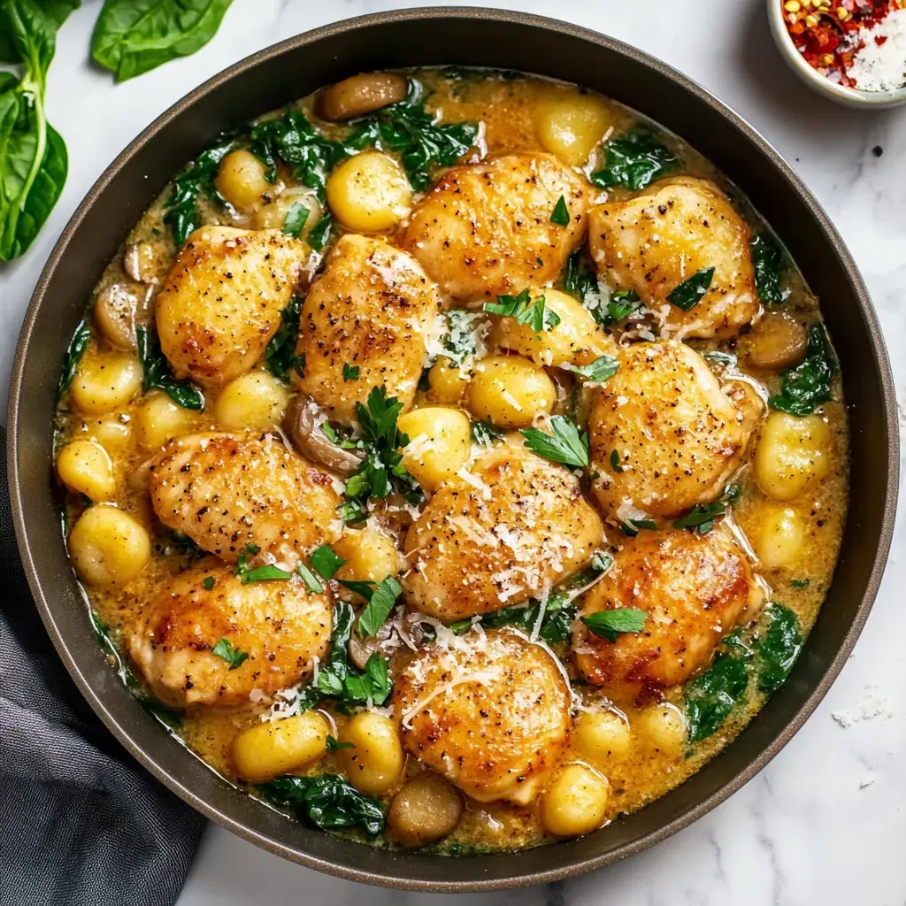 A skillet filled with golden-brown chicken thighs, gnocchi, and spinach in a creamy sauce, topped with grated cheese and parsley.