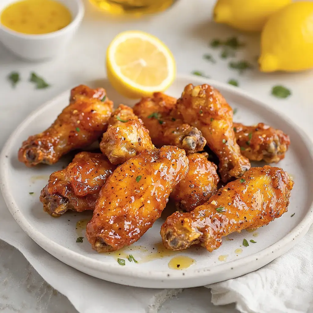 A plate of glazed chicken wings garnished with herbs, accompanied by lemon halves and a small bowl of olive oil.