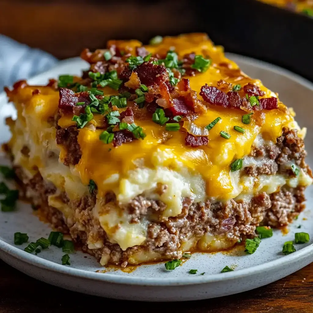 A generous slice of layered meat and potato casserole topped with melted cheddar cheese, crumbled bacon, and chopped green chives on a white plate.