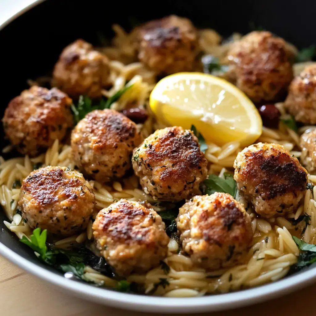 A serving of orzo pasta topped with golden-brown meatballs and garnished with a lemon wedge and fresh herbs.