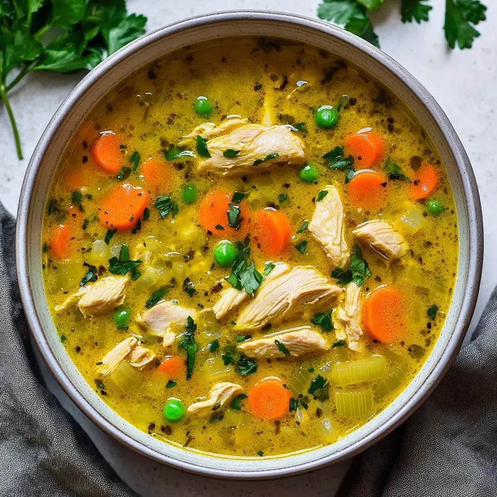 A bowl of chicken soup featuring shredded chicken, carrots, peas, and herbs in a yellow broth.