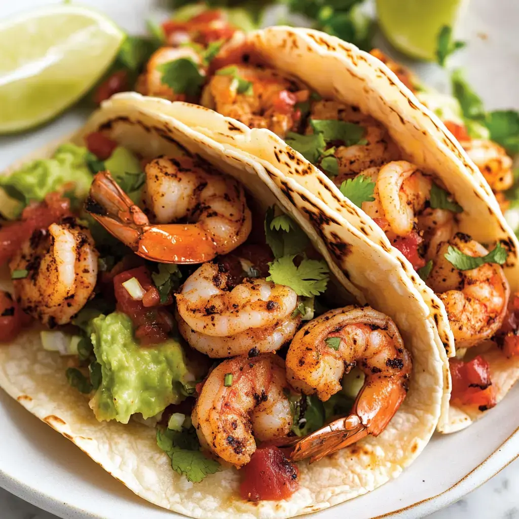 Three shrimp tacos filled with cooked shrimp, guacamole, diced tomatoes, and garnished with cilantro, served with a lime wedge on the side.