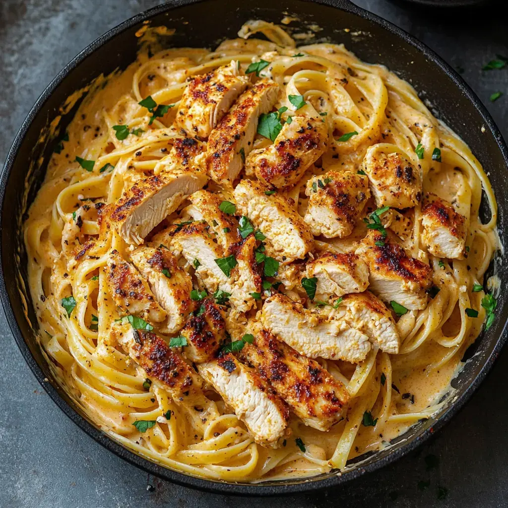 A creamy pasta dish topped with grilled chicken pieces and garnished with parsley.