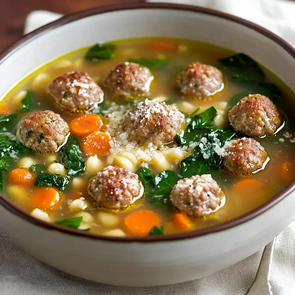 A bowl of soup filled with meatballs, carrots, spinach, and pasta, topped with grated cheese.