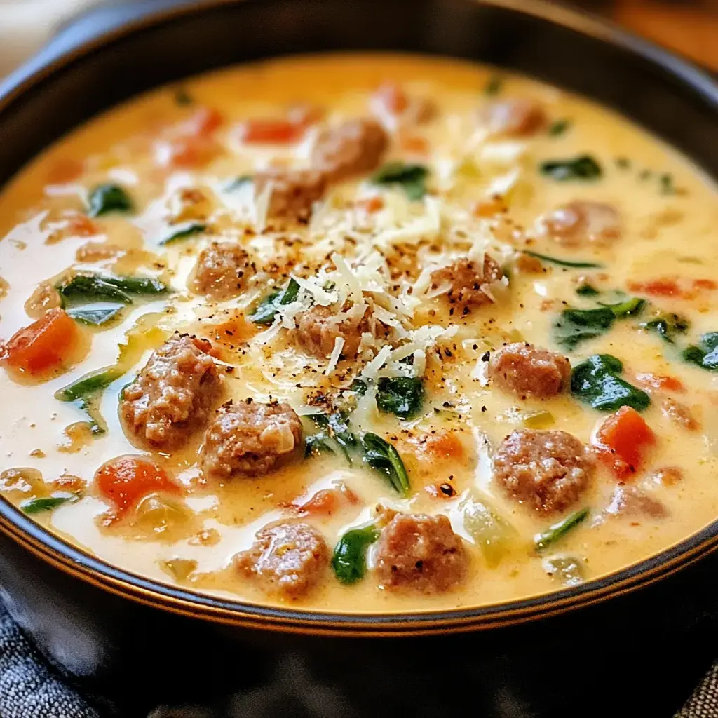 A bowl of creamy soup with sausage, spinach, carrots, and topped with grated cheese.