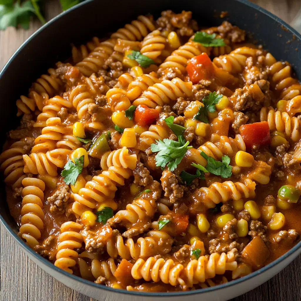 A close-up of a bowl filled with spiral pasta mixed with ground beef, vegetables, and a rich tomato sauce, garnished with fresh cilantro.