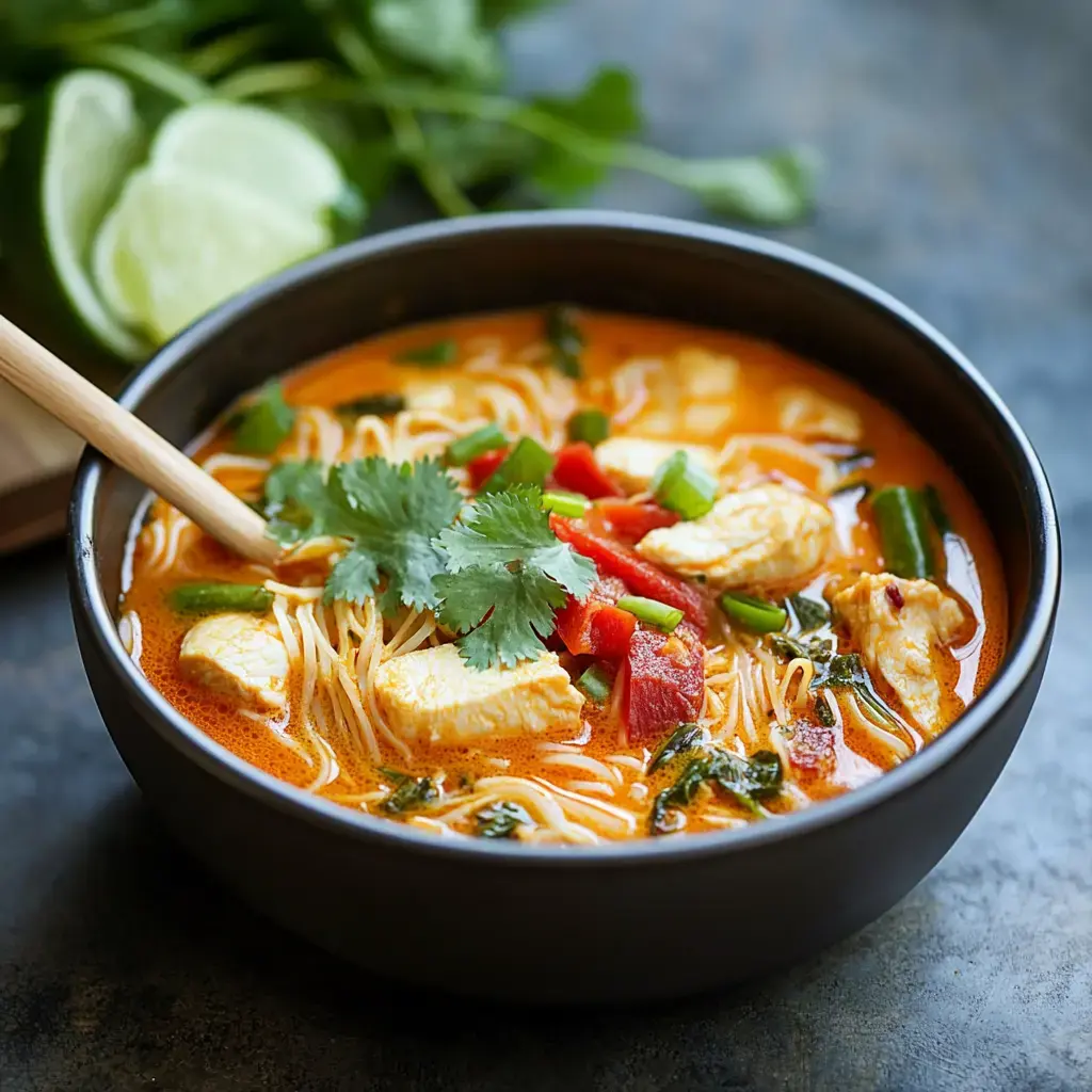 A bowl of noodle soup with chicken, vegetables, and cilantro, accompanied by lime wedges in the background.