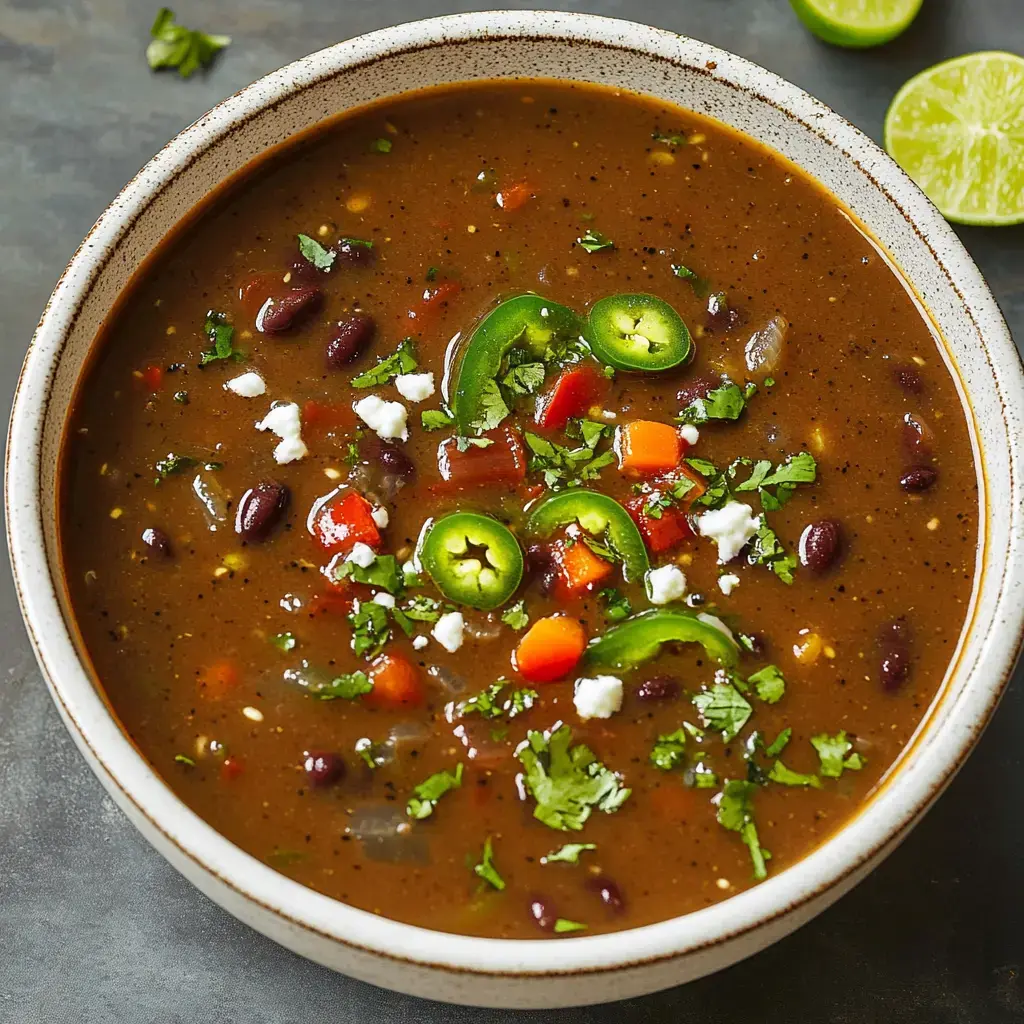 A bowl of black bean soup garnished with sliced jalapeños, diced red peppers, cilantro, and crumbled cheese, alongside lime wedges.