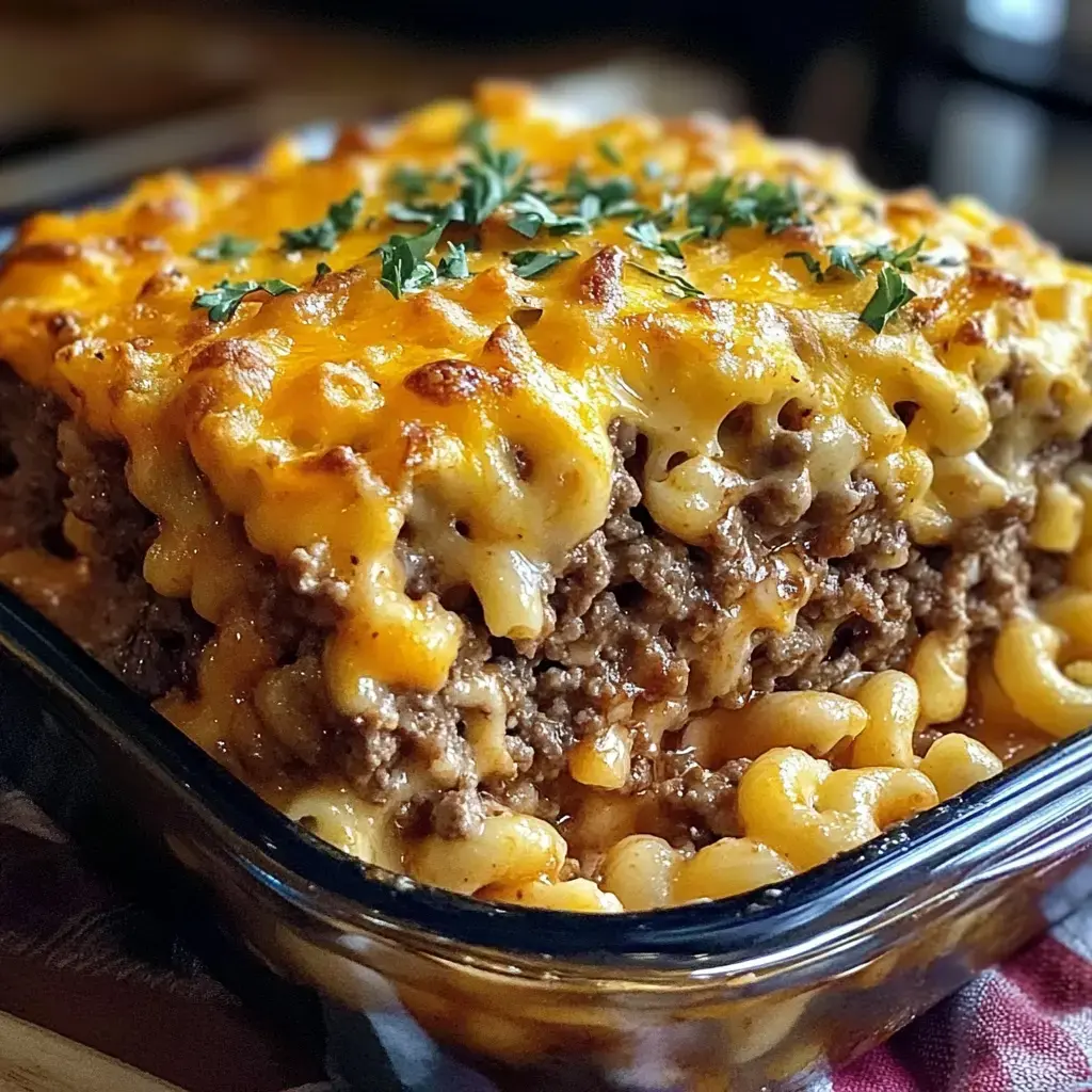 A close-up of a baked dish featuring layers of macaroni, ground beef, and melted cheese, garnished with fresh parsley.