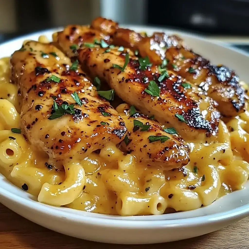 A bowl of creamy macaroni and cheese topped with grilled chicken strips and garnished with fresh parsley.