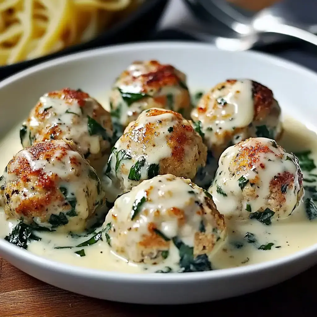 A plate of meatballs coated in creamy sauce, garnished with greens, served alongside a portion of pasta in the background.