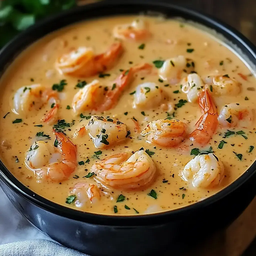 A bowl of creamy shrimp soup garnished with parsley.