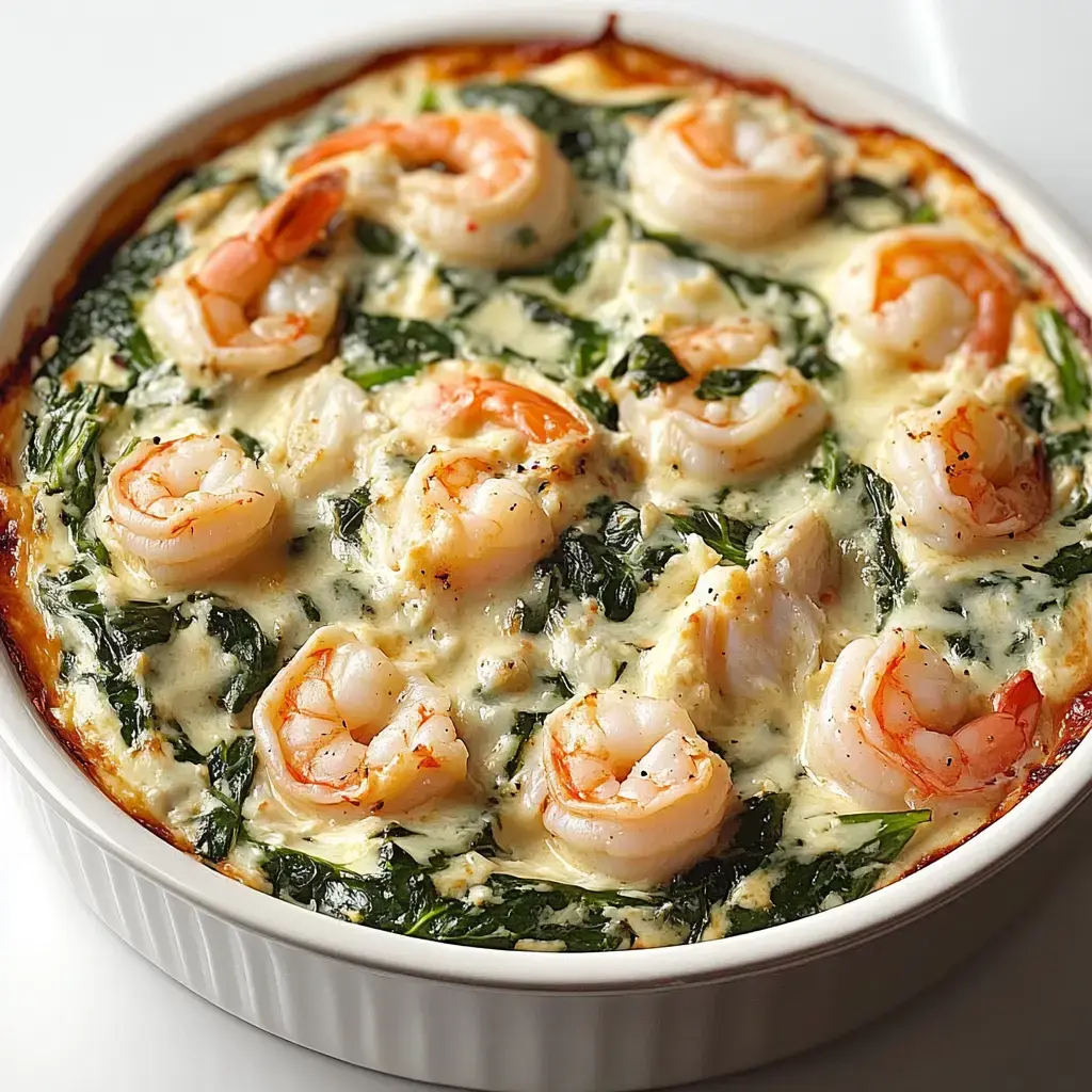 A baked dish featuring shrimp and spinach in a creamy, cheesy sauce, served in a round white dish.