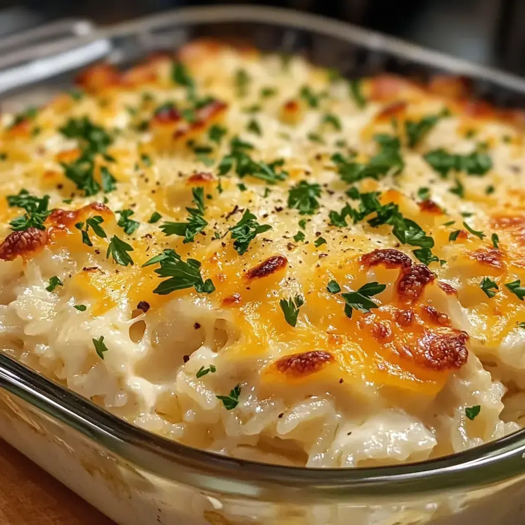 A close-up view of a baked dish with creamy pasta topped with melted cheese and garnished with chopped parsley.