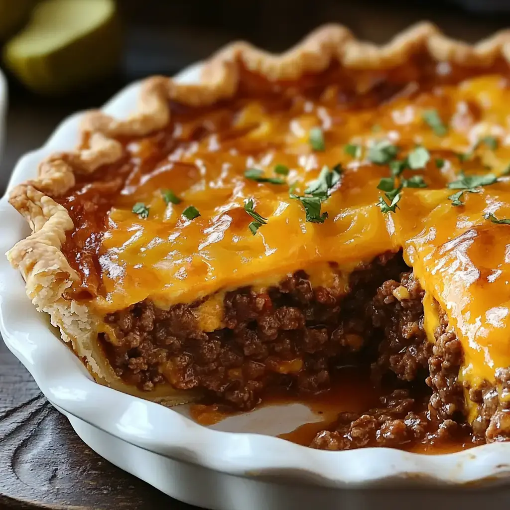 A savory beef pie with a golden cheese topping and sprinkled with herbs, partially sliced to reveal the filling.