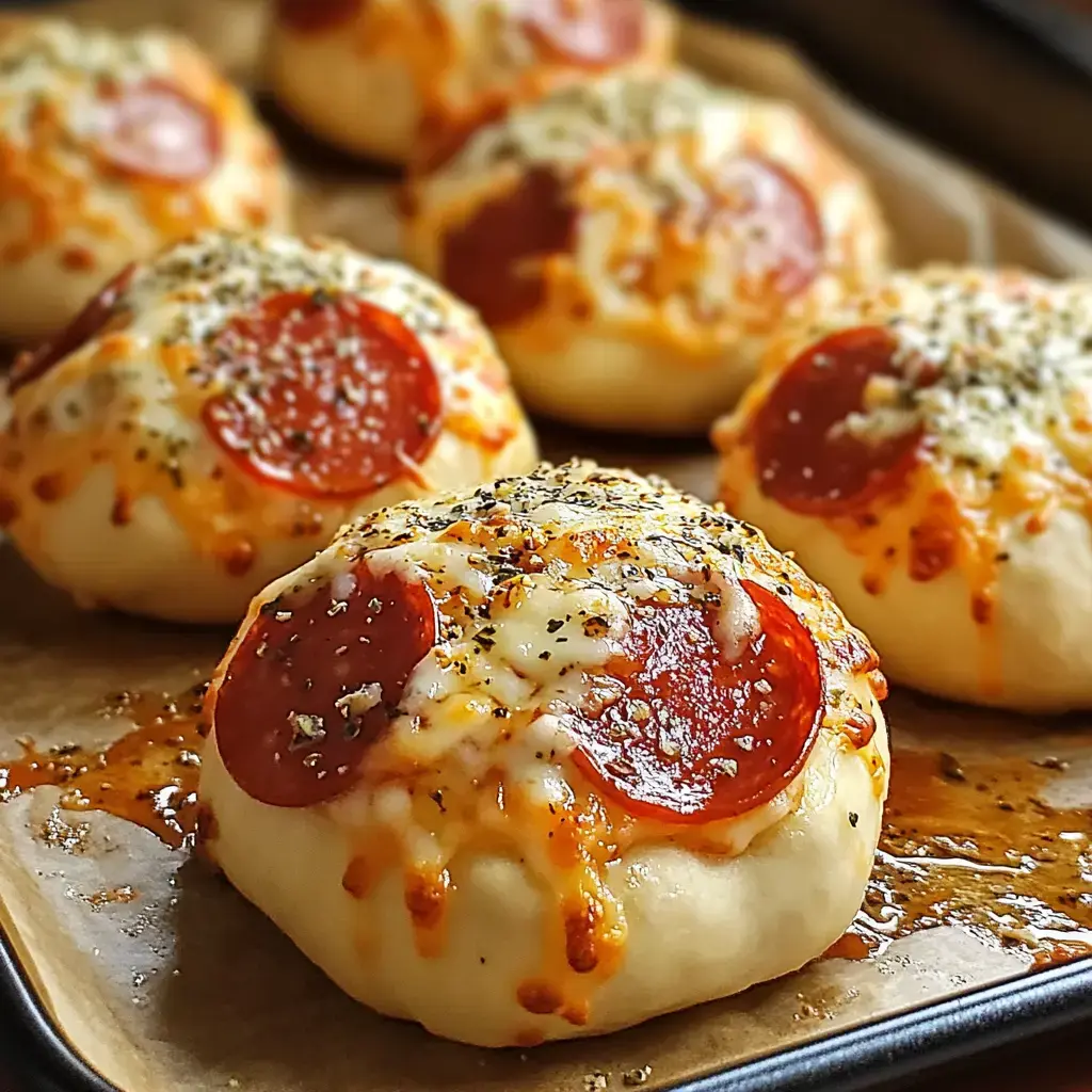 A tray of freshly baked pizza rolls topped with cheese, pepperoni, and herbs.