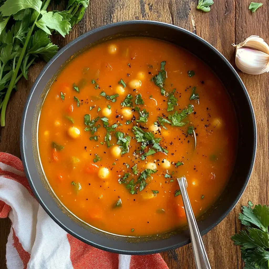 A bowl of vibrant orange soup garnished with chopped cilantro and black pepper, surrounded by fresh garlic and parsley on a wooden surface.