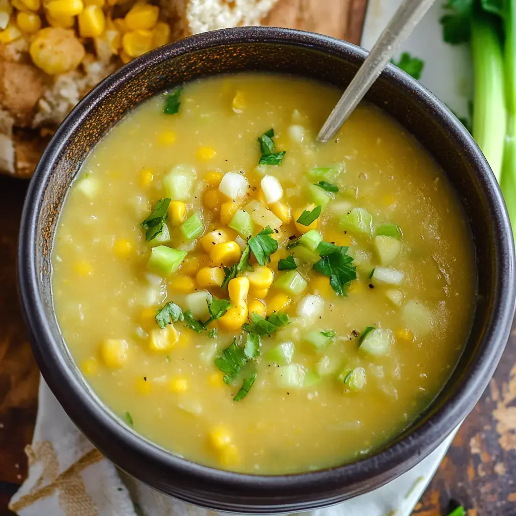 A bowl of creamy corn soup is garnished with fresh celery, onions, and cilantro.