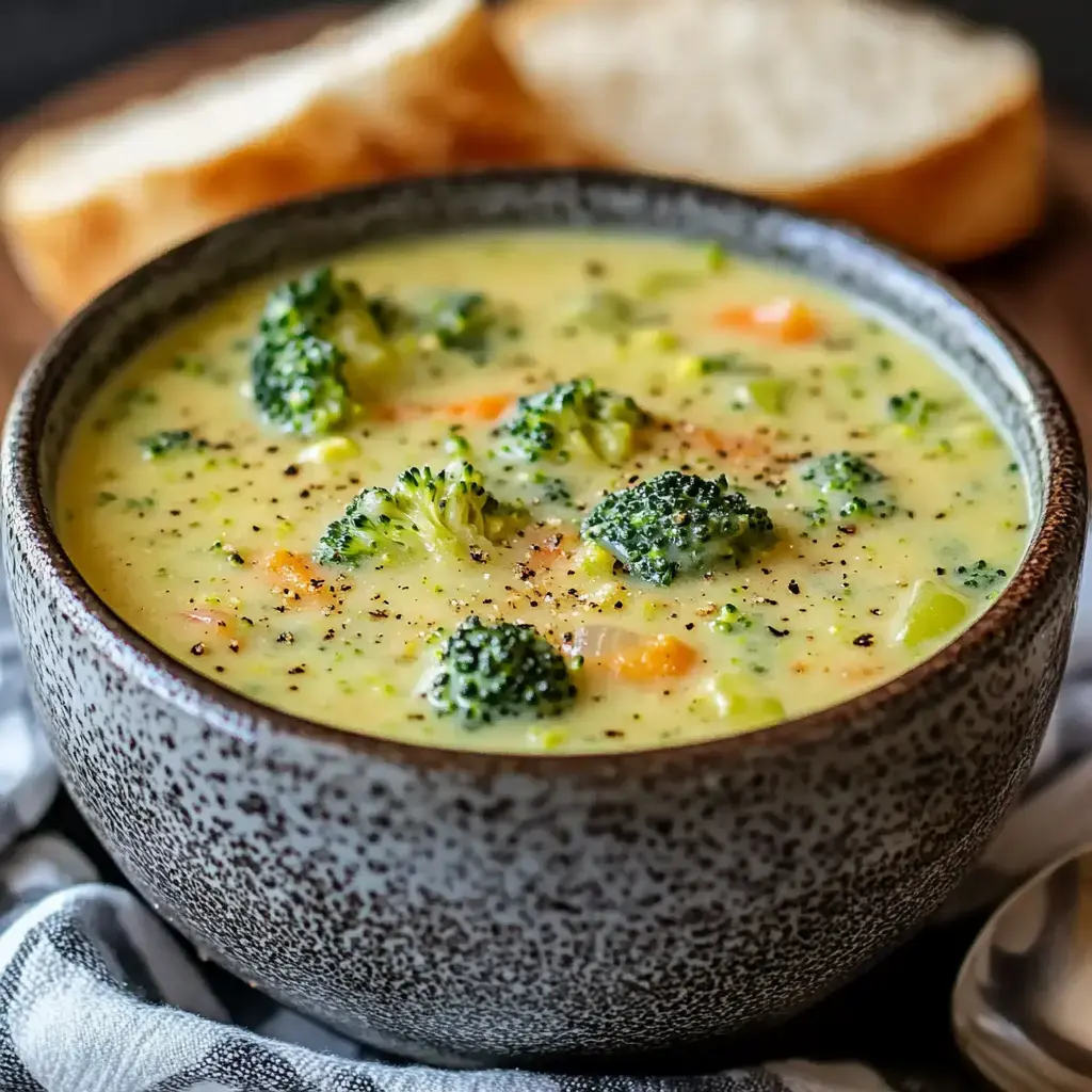 A bowl of creamy broccoli soup topped with black pepper, accompanied by slices of bread in the background.