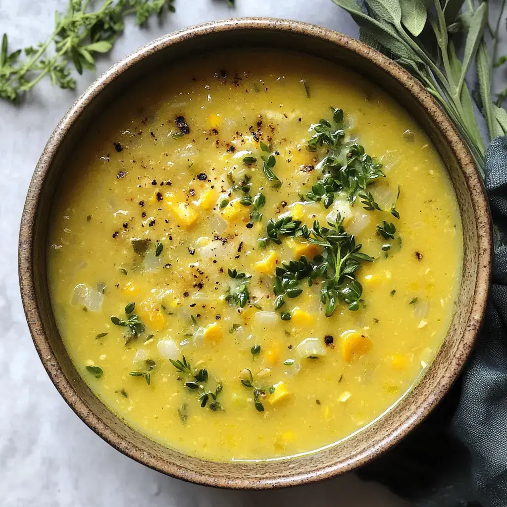 A bowl of creamy yellow soup, garnished with fresh herbs and chunks of corn, sits on a marble surface.