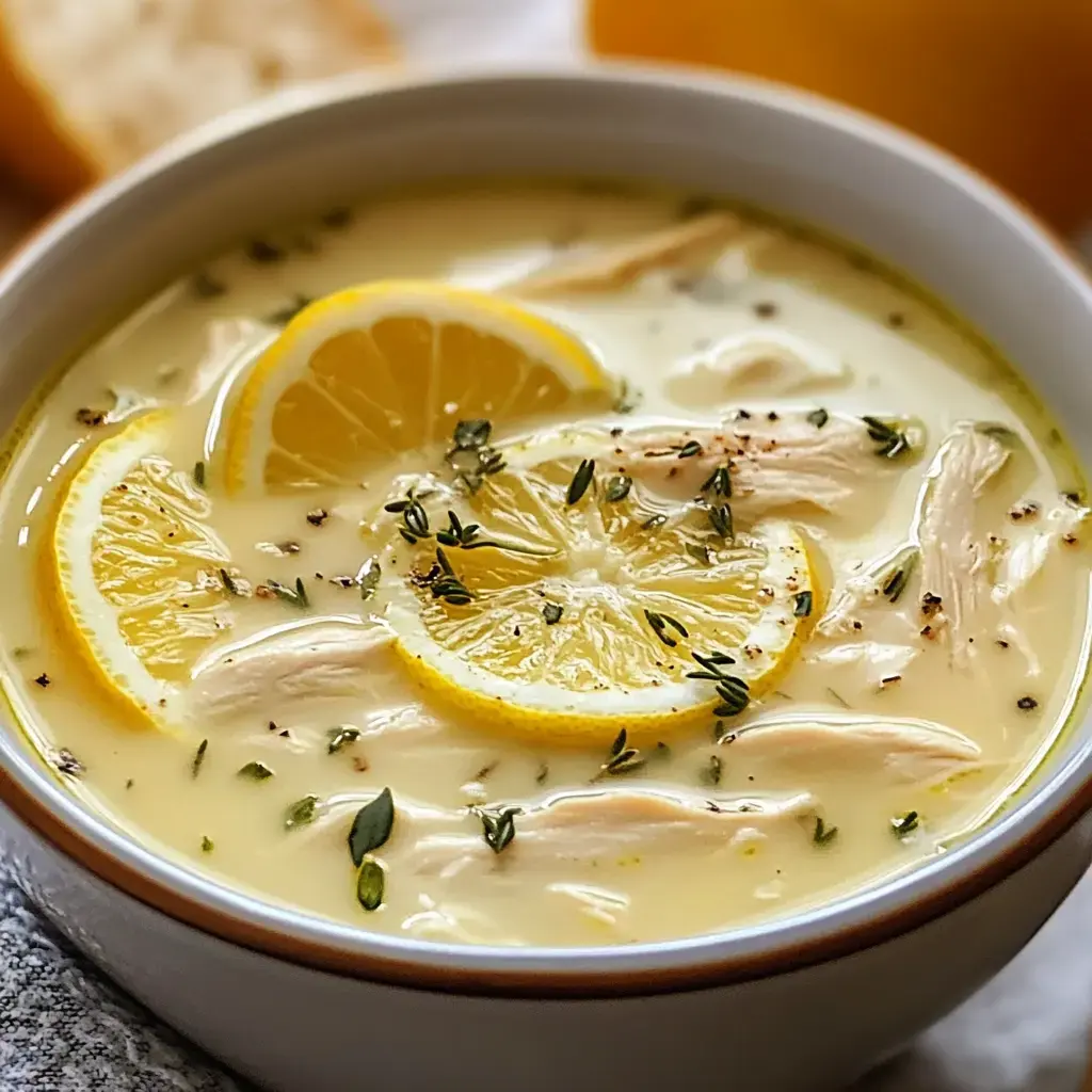 A bowl of creamy chicken soup garnished with slices of lemon and fresh thyme.