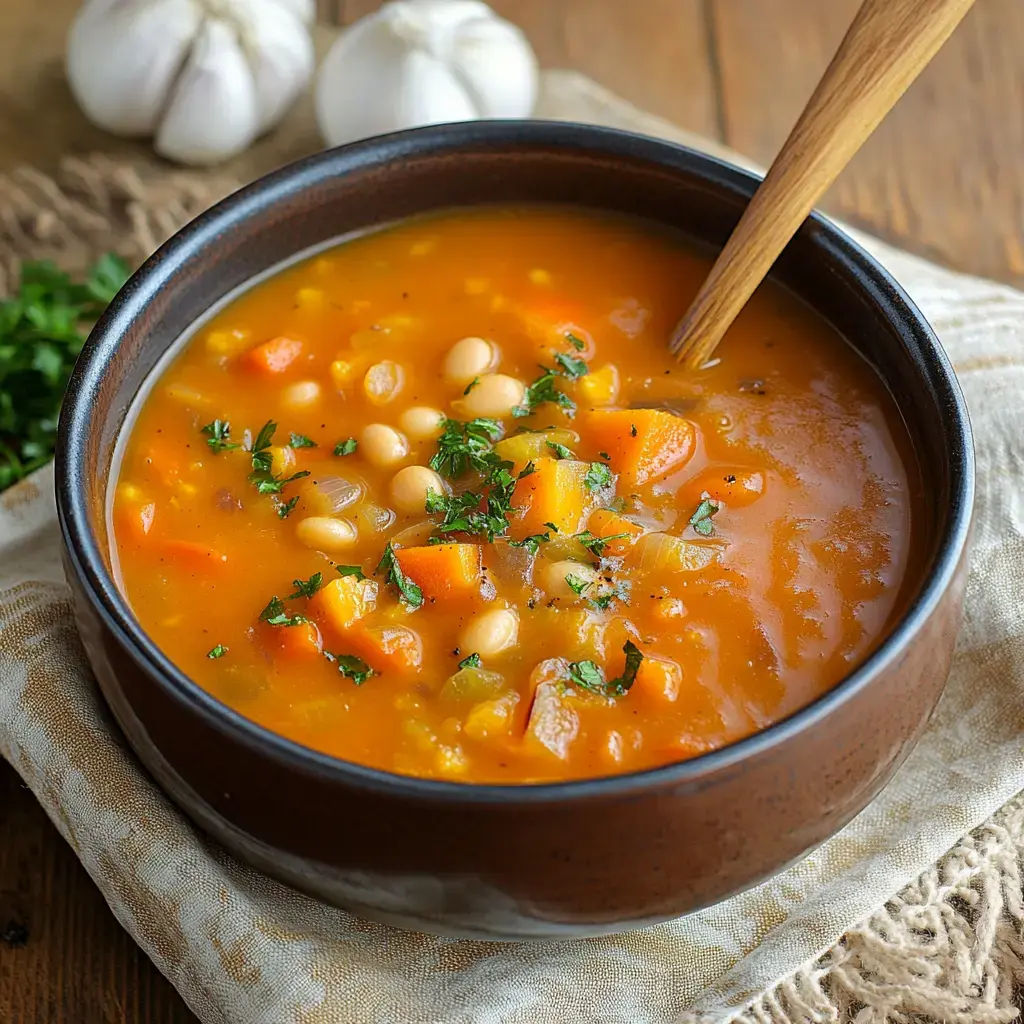 A bowl of colorful vegetable soup garnished with fresh herbs, with garlic cloves in the background.