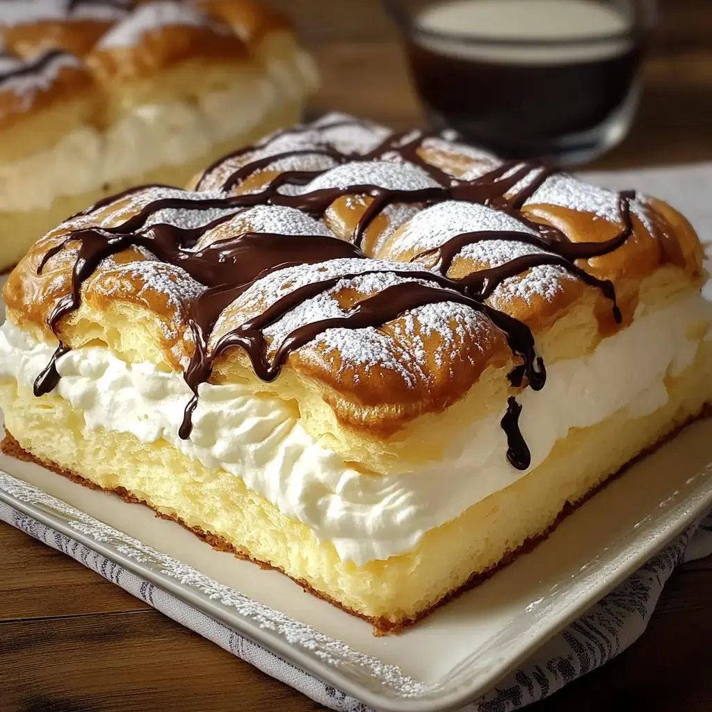 A delicious layered cream cake topped with a drizzle of chocolate and powdered sugar on a white plate.