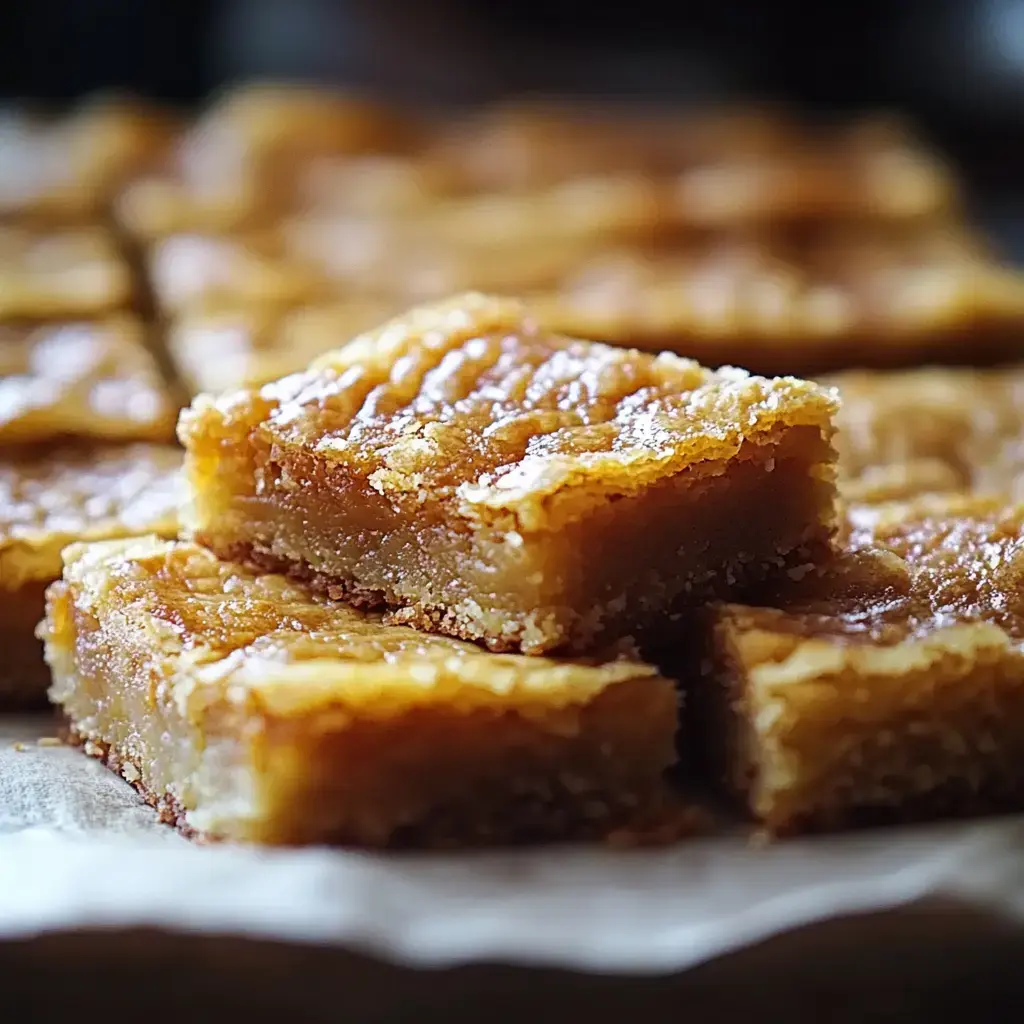 A close-up of golden brown dessert squares arranged on parchment paper, showcasing a chewy, caramel-like texture.