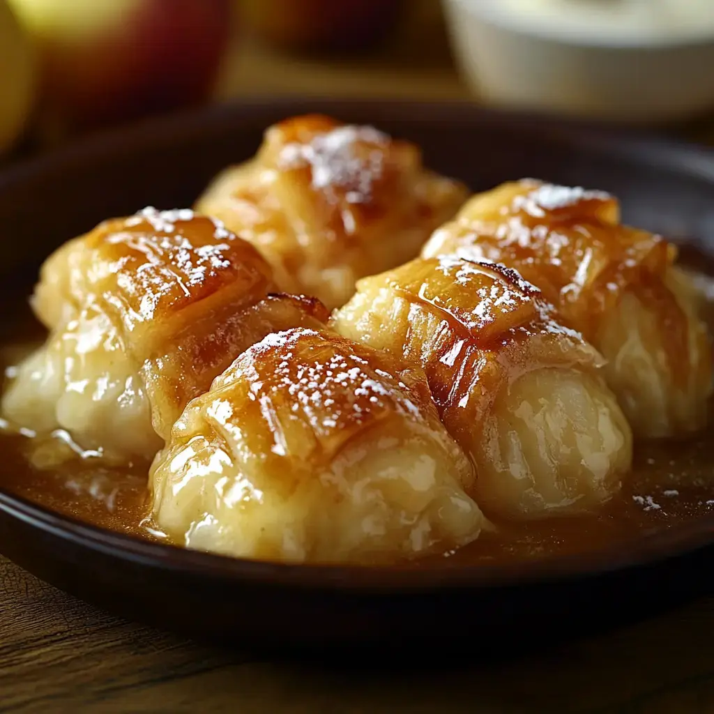 A close-up of four golden-brown pastry dumplings drizzled in syrup and dusted with powdered sugar, served on a dark plate.