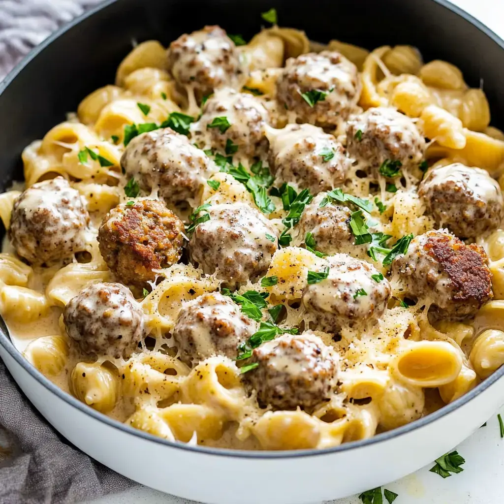 A creamy pasta dish with meatballs is topped with parsley in a skillet.