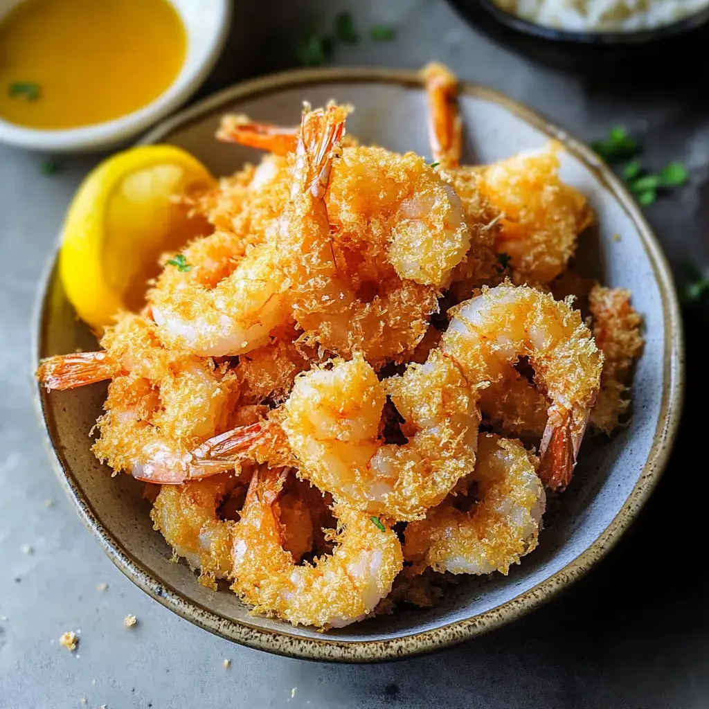 A bowl filled with golden, crispy fried shrimp, garnished with a lemon wedge and accompanied by a small dish of sauce.