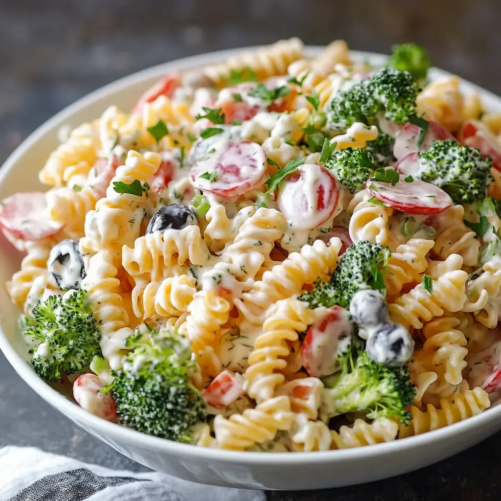 A bowl of creamy pasta salad with spiral pasta, broccoli, cherry tomatoes, black olives, and garnished with herbs.