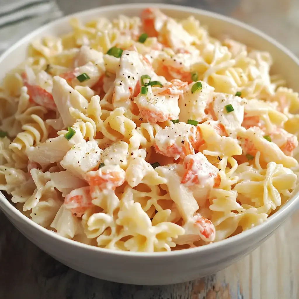 A bowl of creamy pasta salad featuring rotini, crab meat, and chopped green onions.