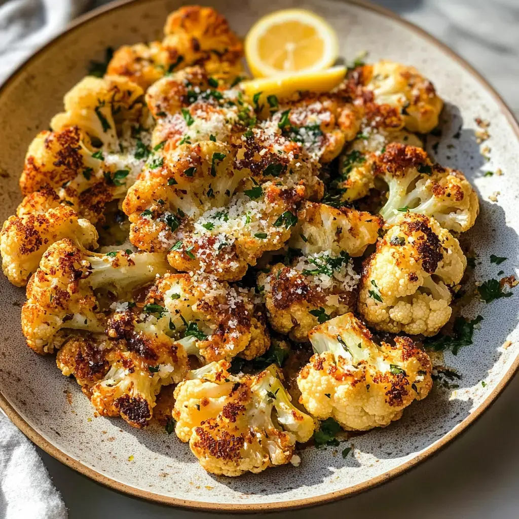 A plate of roasted cauliflower florets is garnished with herbs, grated cheese, and lemon slices.