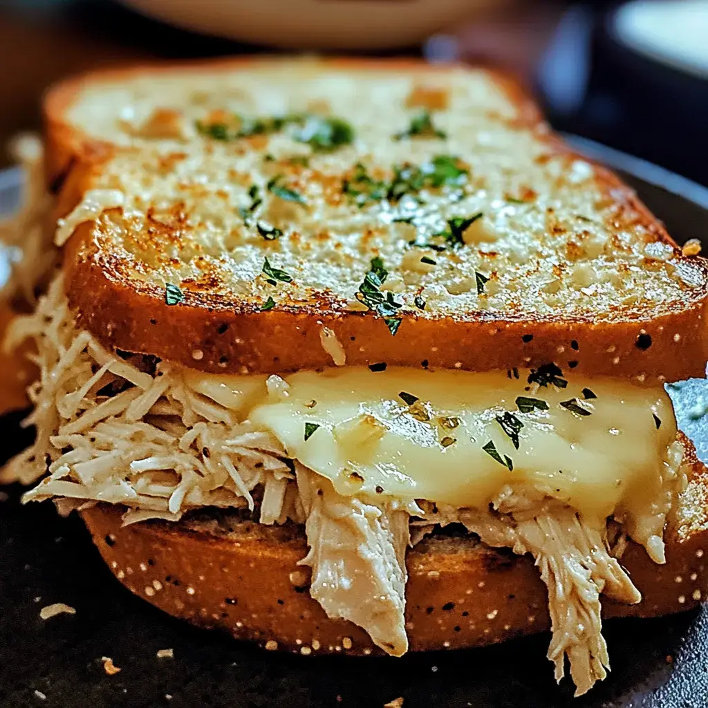 A close-up of a sandwich made with toasted bread, shredded chicken, and melted cheese, garnished with herbs.