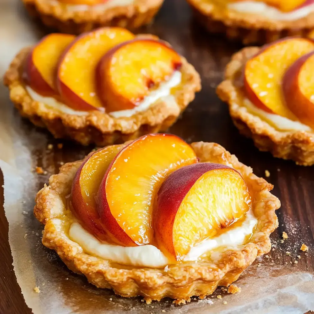 A close-up of mini tarts filled with cream and topped with slices of fresh peach.