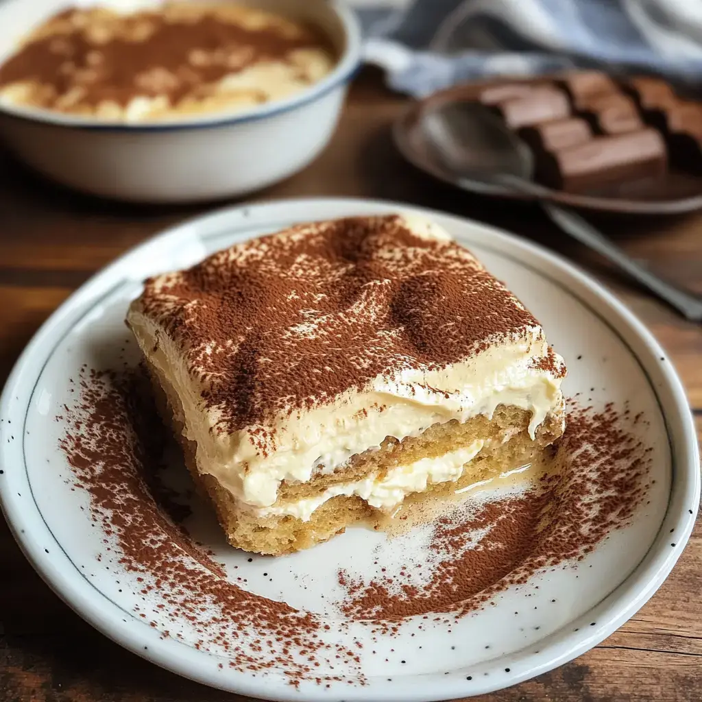 A slice of tiramisu is plated with cocoa powder garnish, accompanied by a bowl of the dessert and chocolate bars in the background.