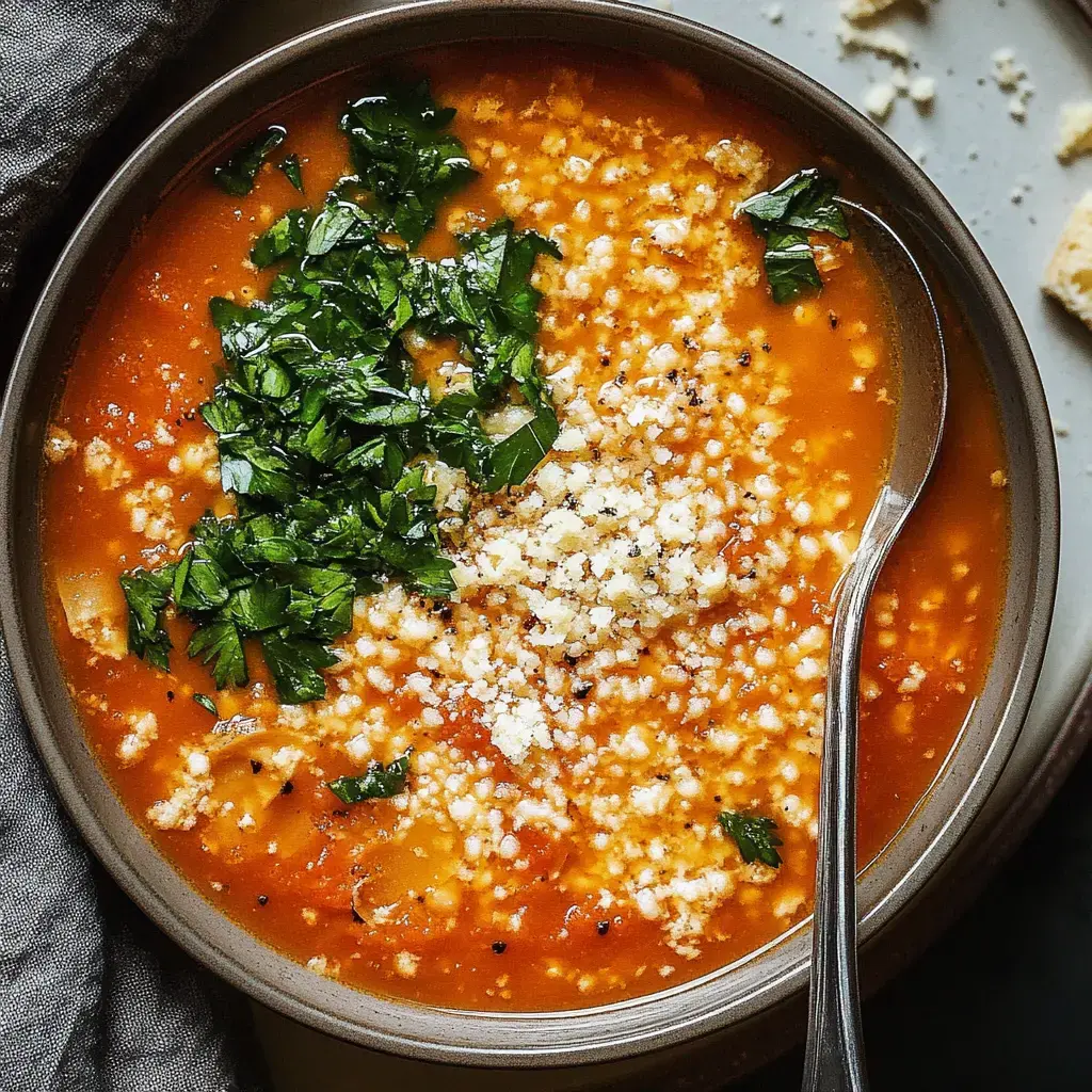 A bowl of soup topped with chopped herbs and crumbled cheese, with a spoon resting against the side.